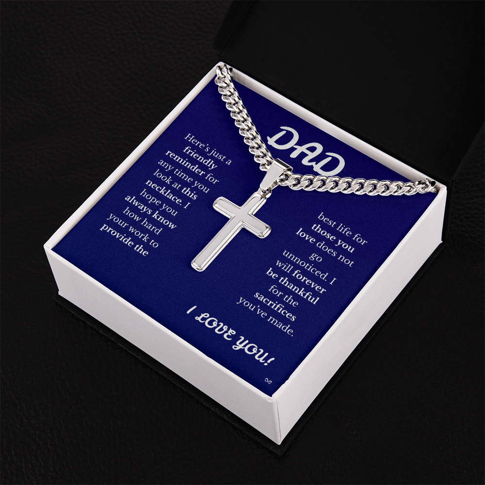Father's Day Cuban Link Chain with Engraved Artisan Cross Blue Background
