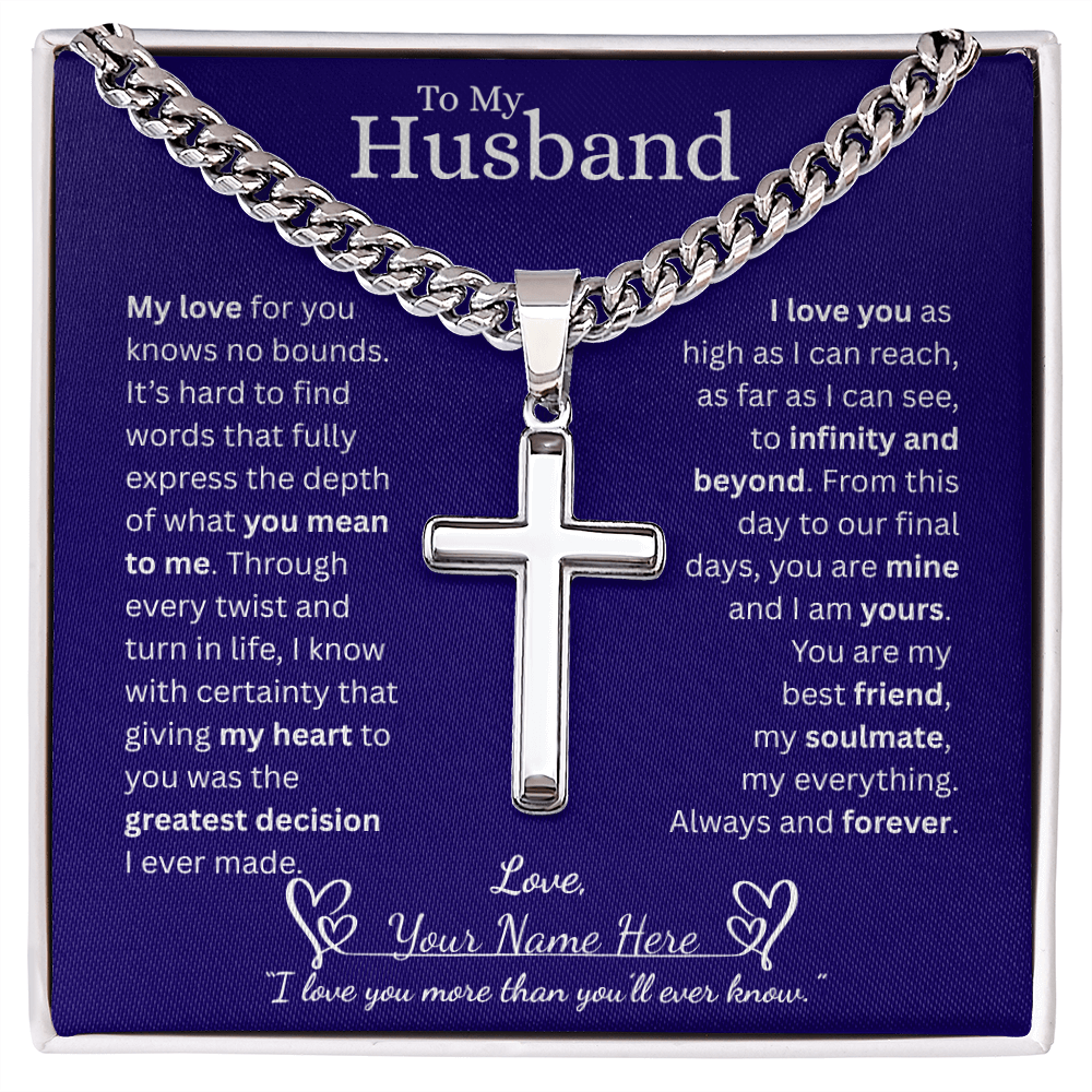 To My Husband - Cuban Link Chain with Engraved Artisan Cross - Blue