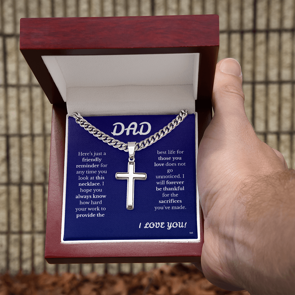 Father's Day Cuban Link Chain with Engraved Artisan Cross Blue Background