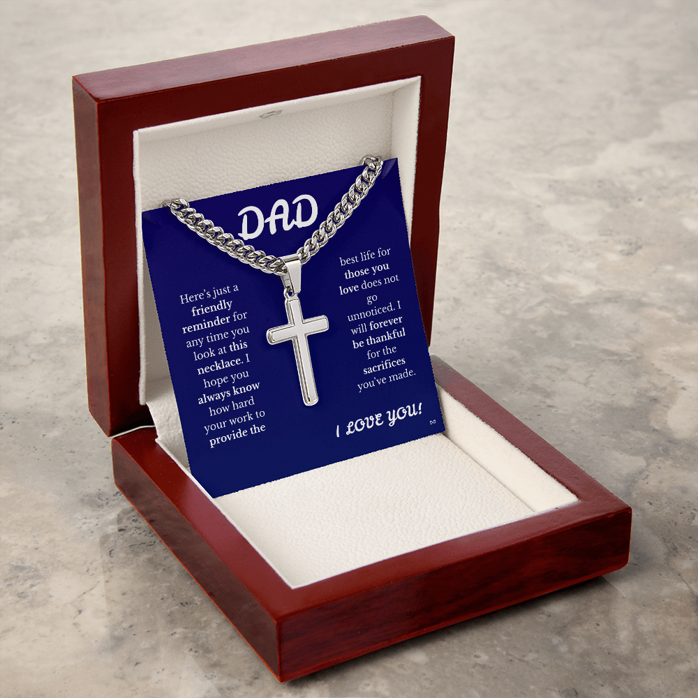 Father's Day Cuban Link Chain with Engraved Artisan Cross Blue Background