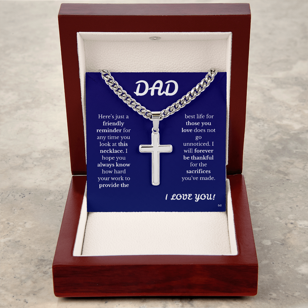 Father's Day Cuban Link Chain with Engraved Artisan Cross Blue Background
