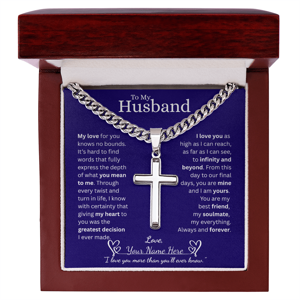 To My Husband - Cuban Link Chain with Engraved Artisan Cross - Blue