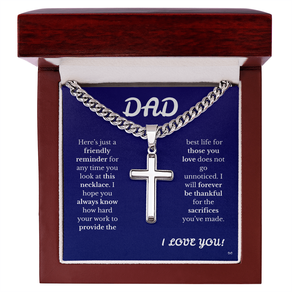 Father's Day Cuban Link Chain with Engraved Artisan Cross Blue Background