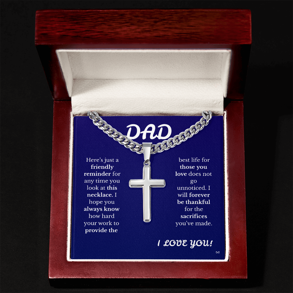Father's Day Cuban Link Chain with Engraved Artisan Cross Blue Background