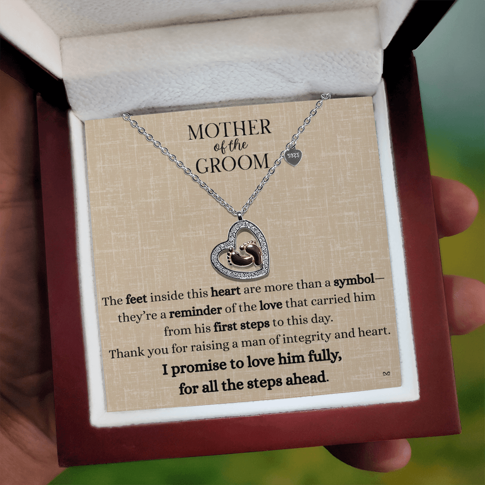 Mother of the Groom Necklace – Thank You Gift with Baby Feet Heart Pendant - Linen