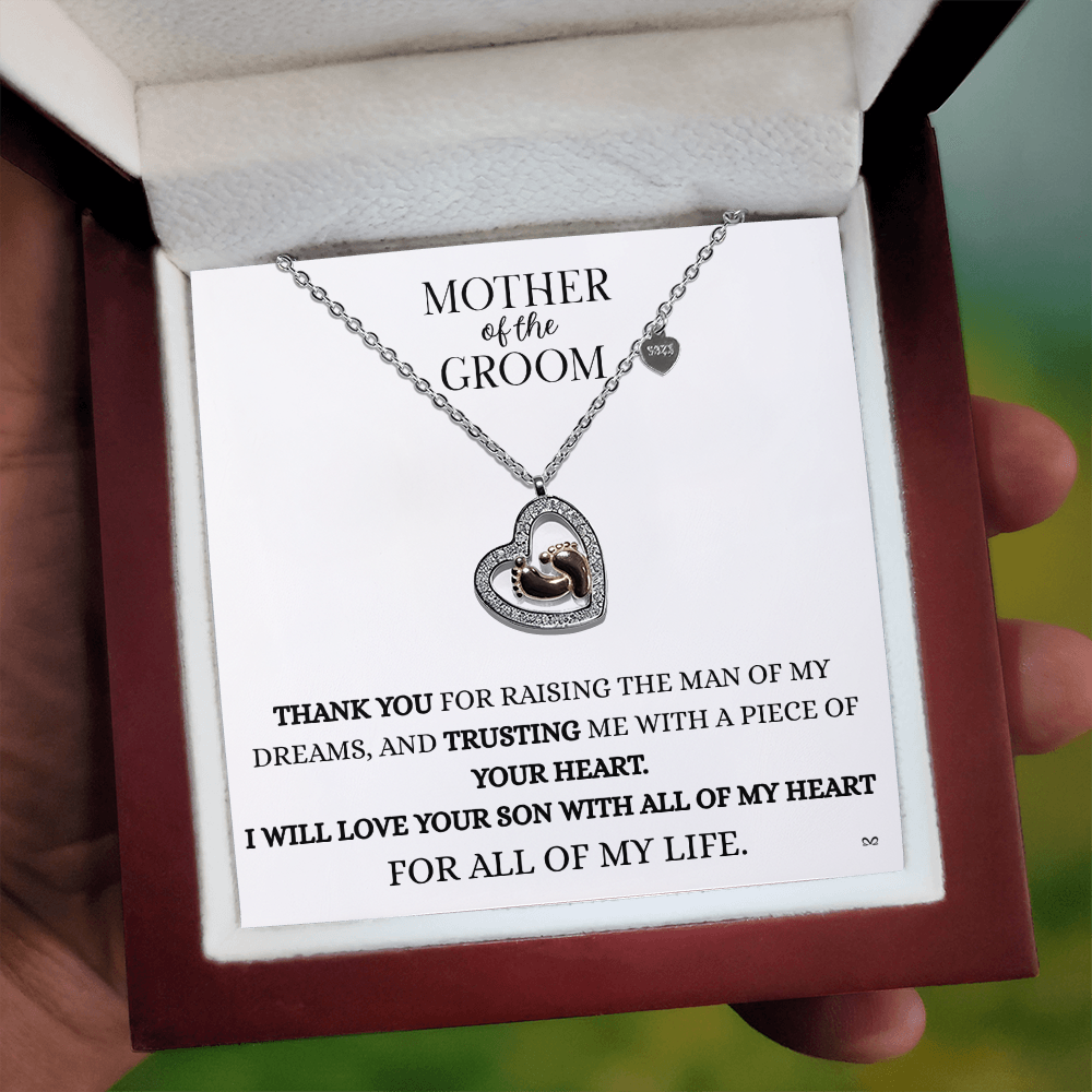 Mother of the Groom Necklace – Thank You Gift with Baby Feet Heart Pendant - White
