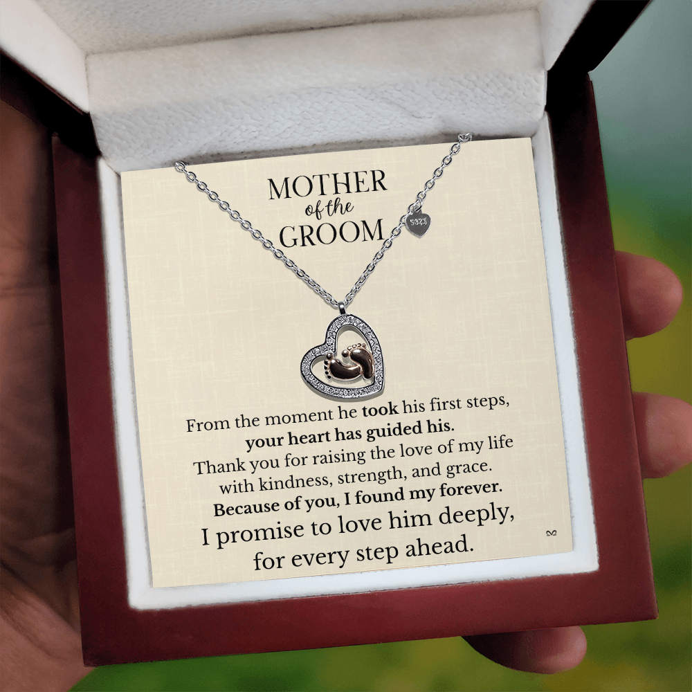 Mother of the Groom Necklace – Thank You Gift with Baby Feet Heart Pendant - Light Linen