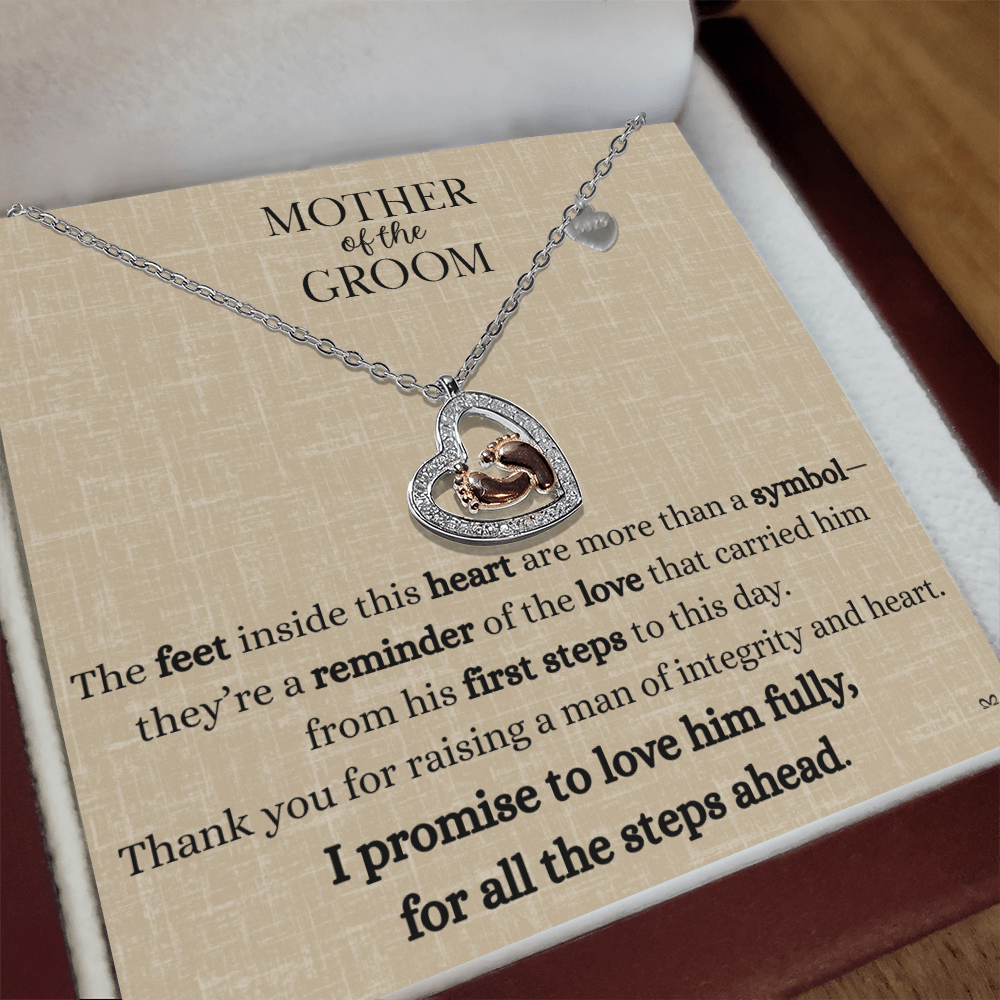 Mother of the Groom Necklace – Thank You Gift with Baby Feet Heart Pendant - Linen
