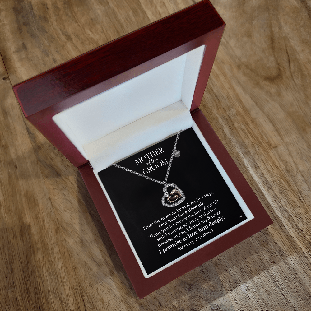 Mother of the Groom Necklace – Thank You Gift with Baby Feet Heart Pendant - Black