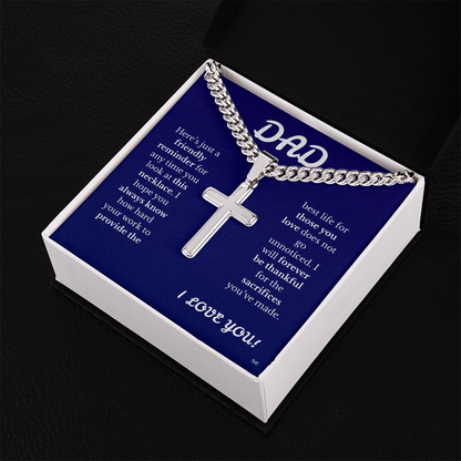 Father's Day Cuban Link Chain with Engraved Artisan Cross Blue Background