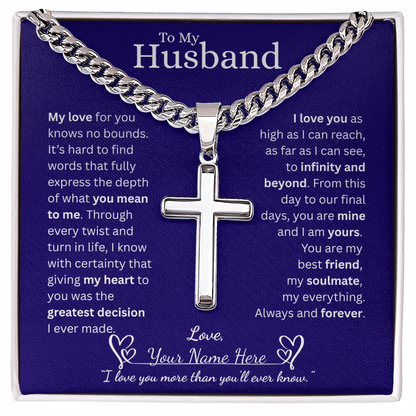To My Husband - Cuban Link Chain with Engraved Artisan Cross - Blue
