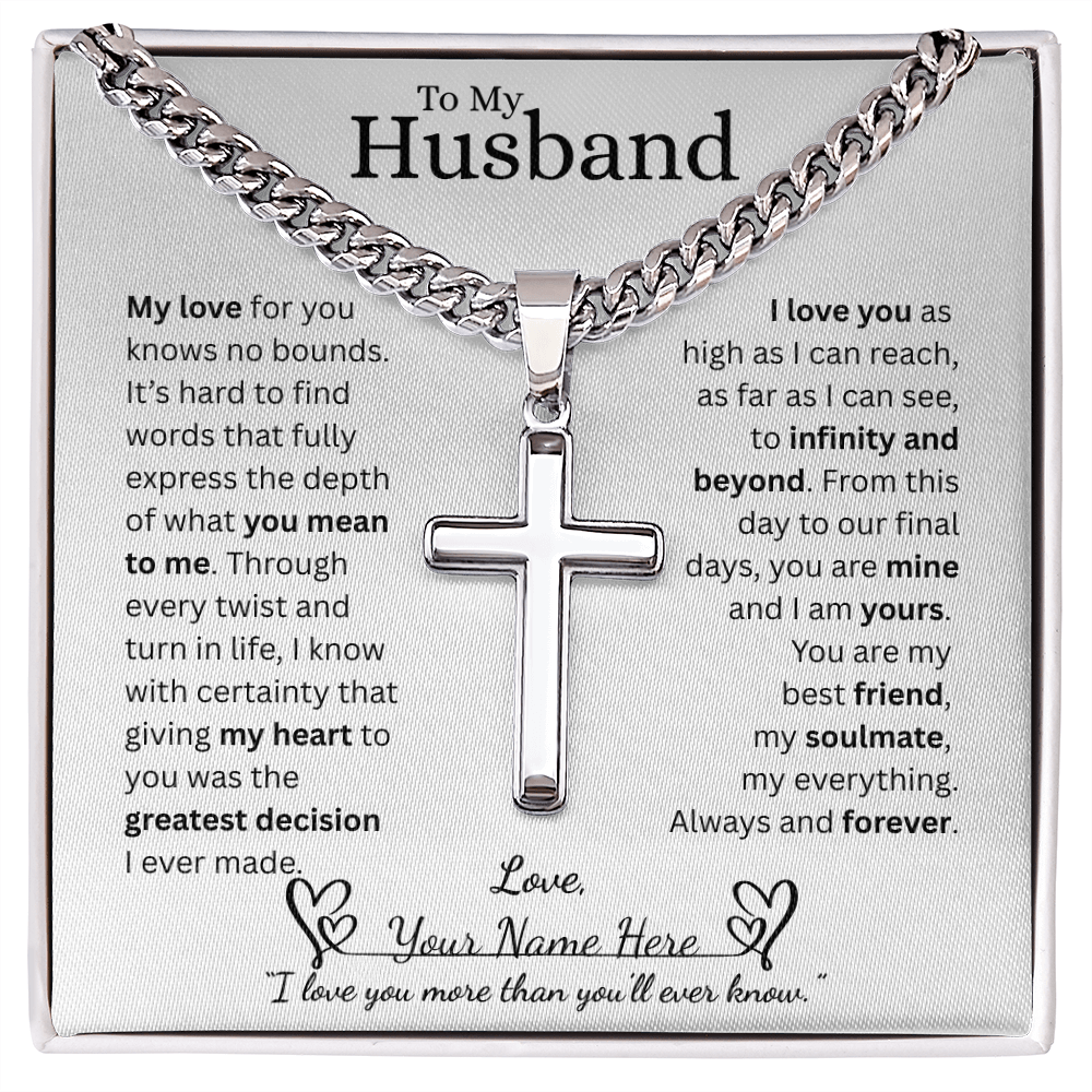 To My Husband - Cuban Link Chain with Engraved Artisan Cross - White