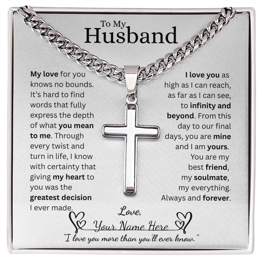 To My Husband - Cuban Link Chain with Engraved Artisan Cross - White