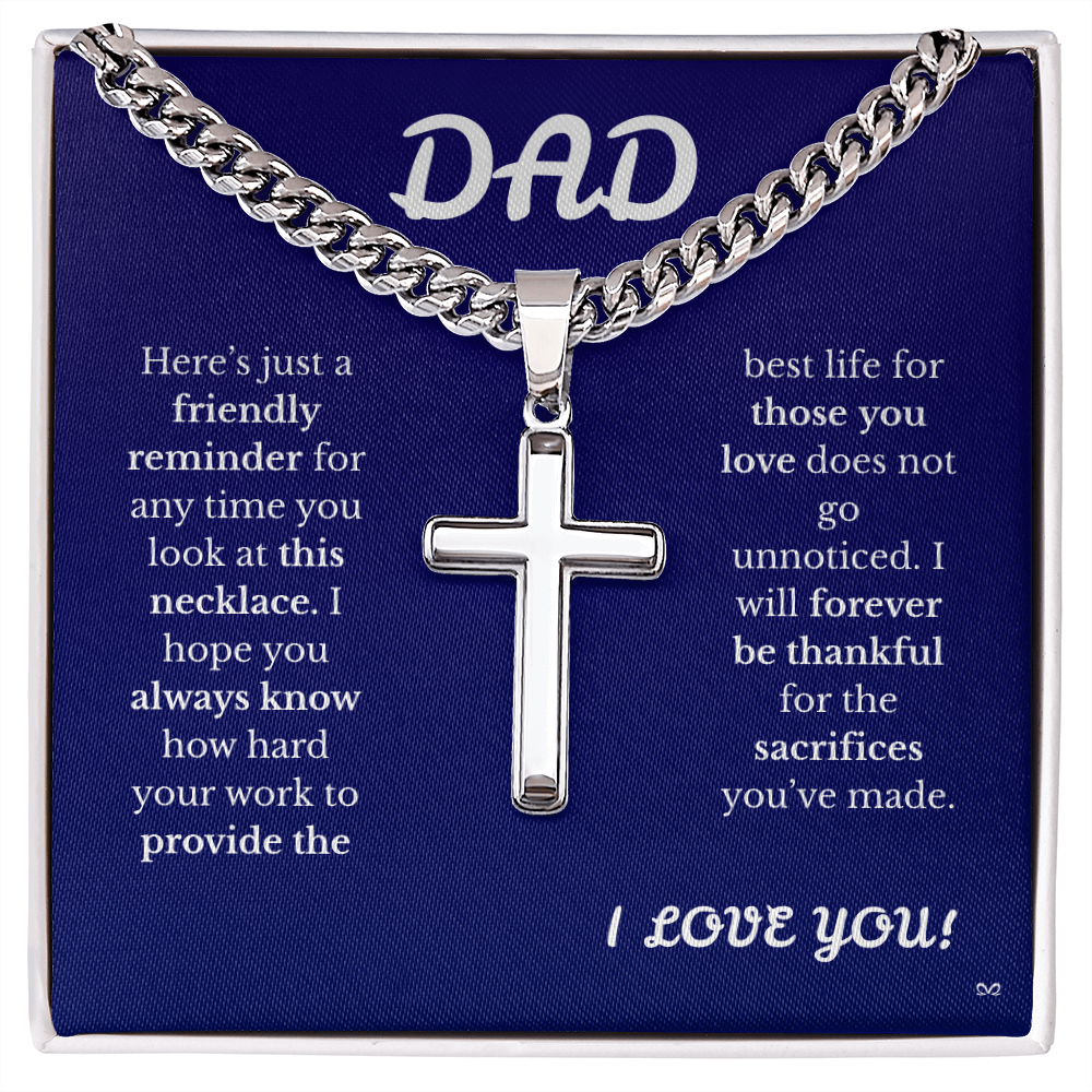 Father's Day Cuban Link Chain with Engraved Artisan Cross Blue Background