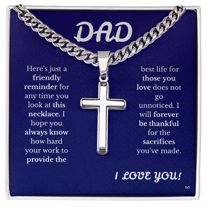 Father's Day Cuban Link Chain with Engraved Artisan Cross Blue Background