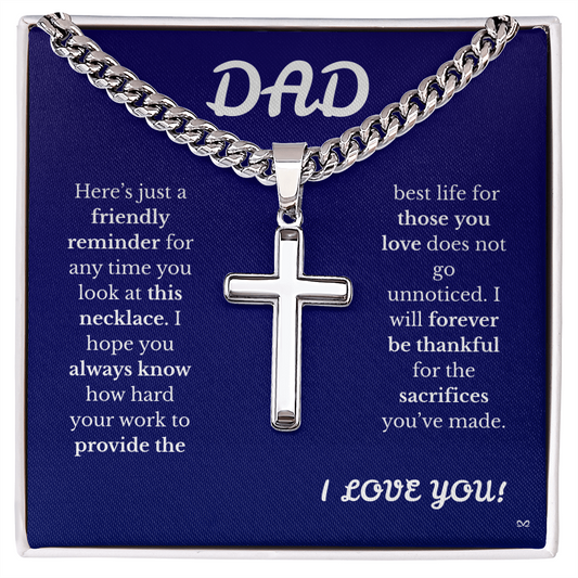 Father's Day Cuban Link Chain with Engraved Artisan Cross Blue Background
