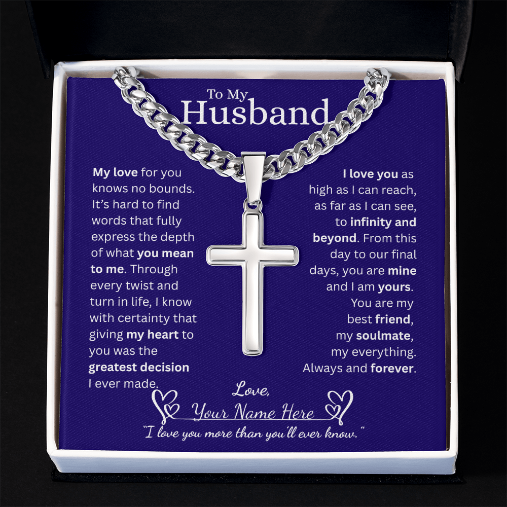 To My Husband - Cuban Link Chain with Engraved Artisan Cross - Blue