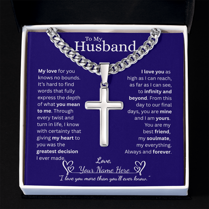 To My Husband - Cuban Link Chain with Engraved Artisan Cross - Blue