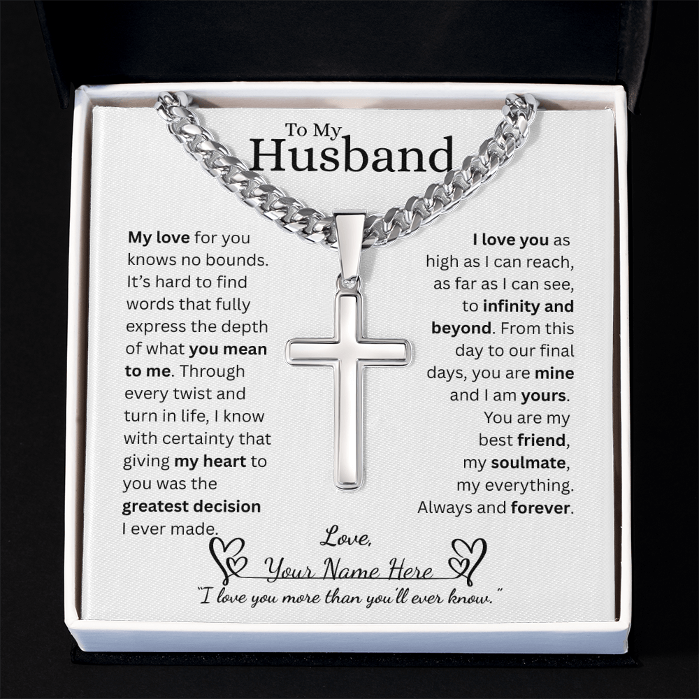 To My Husband - Cuban Link Chain with Engraved Artisan Cross - White