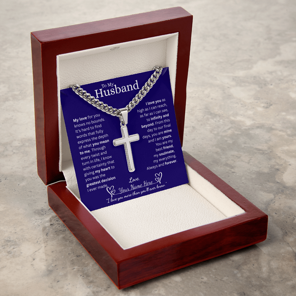 To My Husband - Cuban Link Chain with Engraved Artisan Cross - Blue
