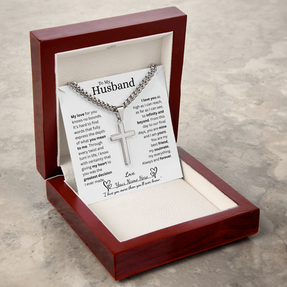 To My Husband - Cuban Link Chain with Engraved Artisan Cross - White