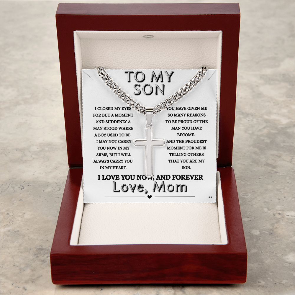 Honor, Faith, Legacy – Cross Necklace Gift for My Son - From Mom - White