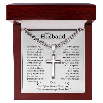 To My Husband - Cuban Link Chain with Engraved Artisan Cross - White