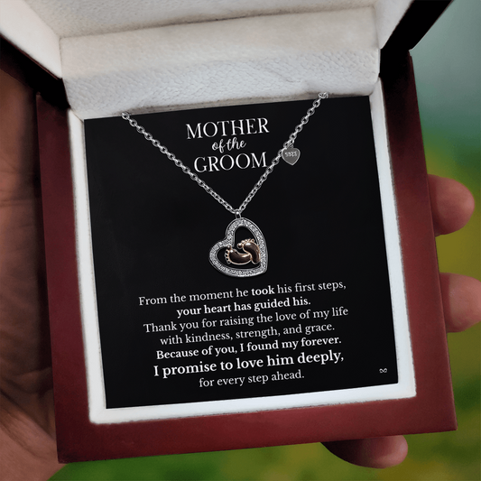 Mother of the Groom Necklace – Thank You Gift with Baby Feet Heart Pendant - Black