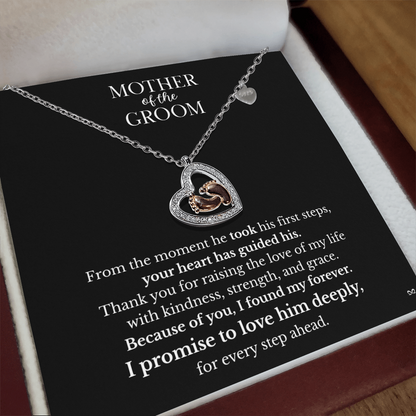 Mother of the Groom Necklace – Thank You Gift with Baby Feet Heart Pendant - Black