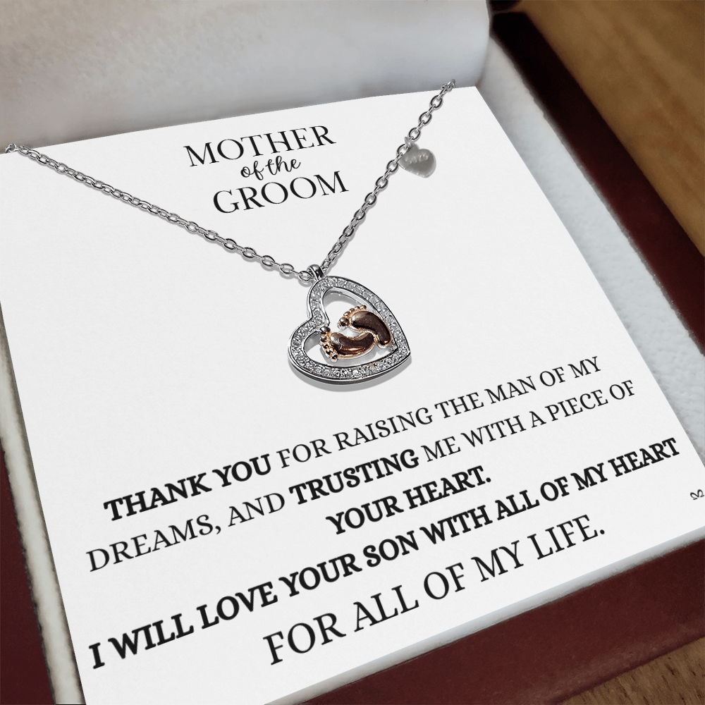 Mother of the Groom Necklace – Thank You Gift with Baby Feet Heart Pendant - White