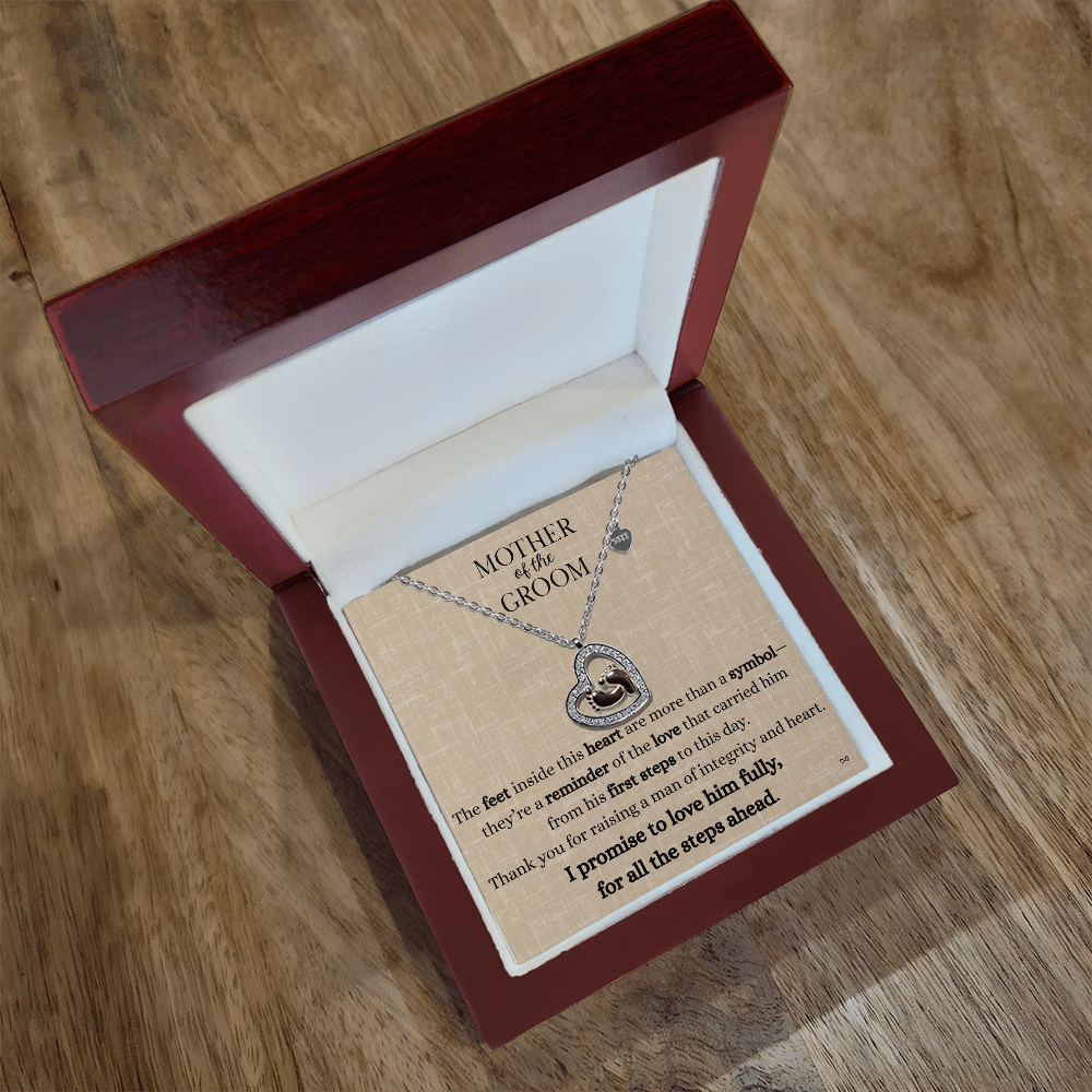 Mother of the Groom Necklace – Thank You Gift with Baby Feet Heart Pendant - Linen