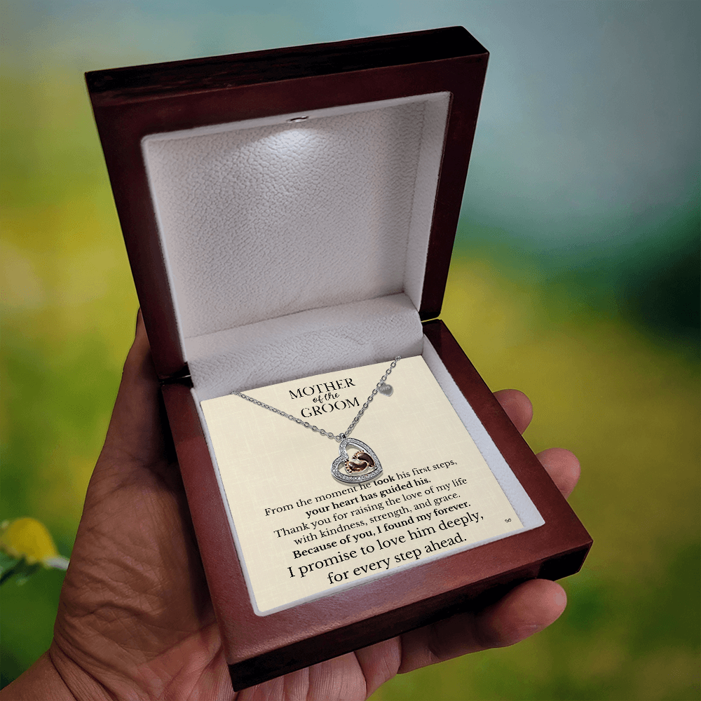 Mother of the Groom Necklace – Thank You Gift with Baby Feet Heart Pendant - Light Linen